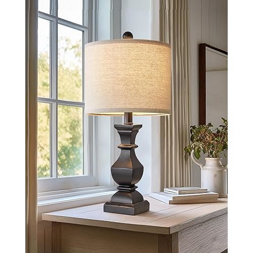 PoKat 20.5'' Bedside Table Lamp for Bedroom Nightstand - Farmhouse Lamp for Living Room, Black Night Stand Light Lamp with Round Linen Shade, Vintage Bedroom Lamp, Suitable for Small Place