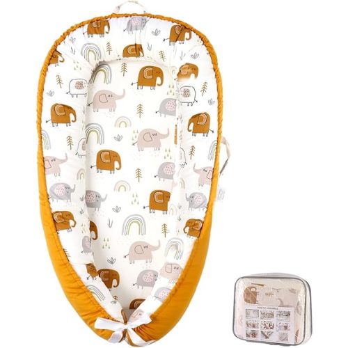 Baby Lounger, 100% Cotton 0-24 Months Breathable Soft Baby Nest Co Sleeper, Reversible Adjustable Portable Baby Lounger Nest for Newborn, Infant Lounger for Home & Travel (Gold Elephant)