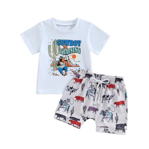 Toddler Baby Boy Summer Outfit Western Cowboy Short Sleeve T Shirt Top and Cow Hat Boot Shorts Set Infant Country Clothes