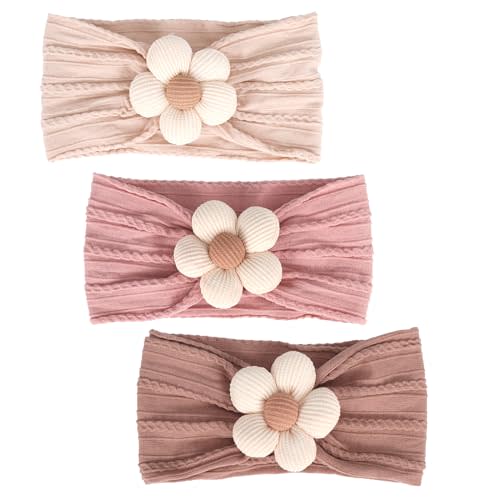 MIUXUESO 3 Pcs Baby Flower Headbands Baby Girls Nylon Headbands Soft Hairbands Hair Accessories for Newborn Infant Toddler Kids(Beige Pink Khaki)