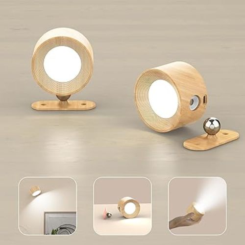 Koopala LED Wall Lamps Set of 2 with Rechargeable Battery Operated, Wall Mounted Lights with 3 Brightness 3 Color Temp Removable Charging 360°Rotate Magnetic, Cordless Wall Sconces for Reading Bedside