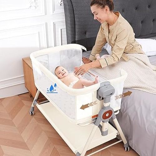 Baby Bassinet,Rocking Bassinet with Waterproof Sheet,3 in 1 Baby Bassinets Bedside Sleeper,6 Height Adjustable Bedside Bassinet for Newborn(Beige)