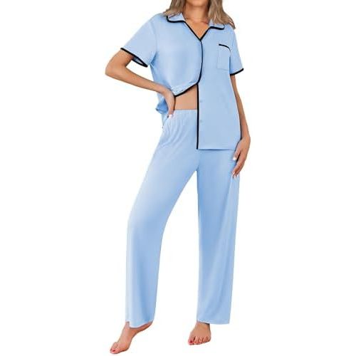 Ekouaer Women Pajamas Button Down Notch Collar Soft Short Sleeve Pjs with Long Pant Lounge Set
