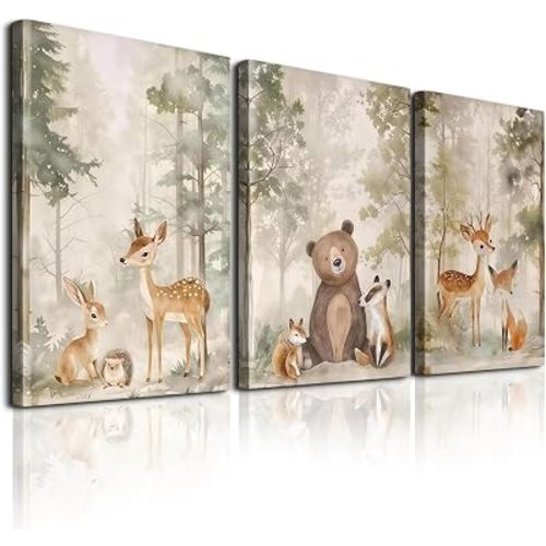 Woodland Animal Nursery Wall Art - 3Pcs Nursery Decor Wild Animals Forest Paintings Pictures Wall Decor Bear Fox Deer Watercolor Poster Printing Artwork for Boys Girls Room Home Decoration 12x16in