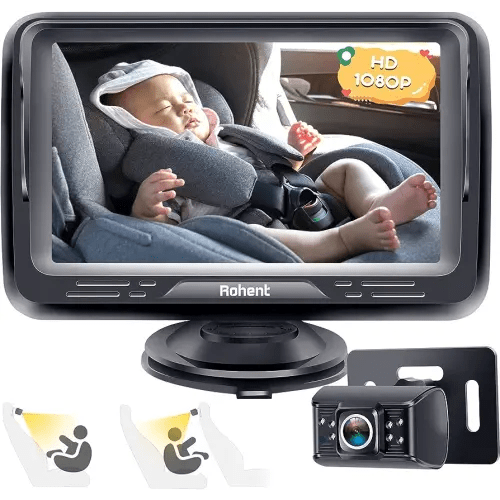 Baby Car Camera Ease Installation: Eye Protection Clear Night Vision 360° Rotation Rear Facing Baby Car Mirror for 2 Kids HD 1080P 150° Wide View Stability Backseat Camera with Monitor -Rohent N06