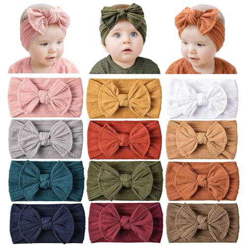Prohouse 12 Pack Baby Nylon Headbands Hairbands Hair Bow Elastics Handmade Hair Accessories for Baby Girls Newborn Infant Toddlers Kids(Terracotta)
