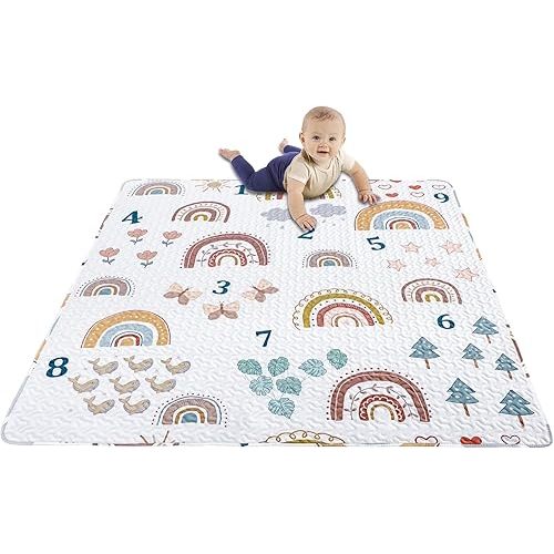 Boho Rainbow 50x50 Play Mat for Playpen, Washable Portable Baby Floor Playmat, Non Slip Foldabe Infant Crawling Mats, Tummy Time Mat Pad for Toddlers Baby Play Pen Mats for Home Or Travel