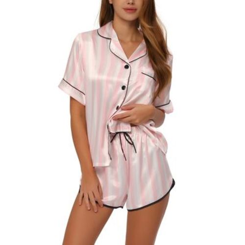 Cheibear Women's Silky Satin Nightwear With Shorts Lounge Sleepwear Pajama Set Pink-white Stripes Large