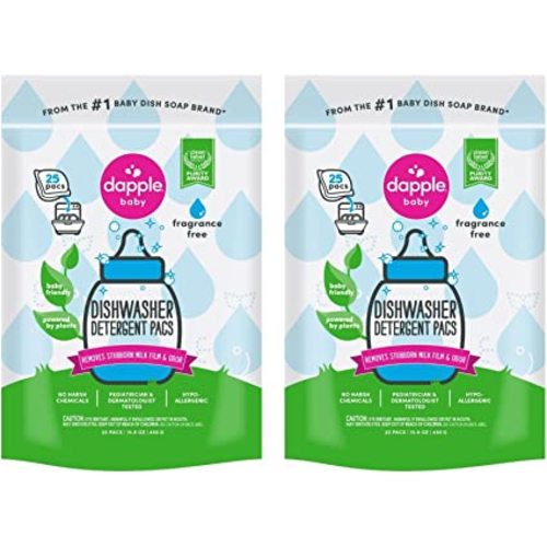 Dishwasher Detergent Pacs by Dapple Baby, 25 Count Pouch (Pack of 2), Fragrance Free, Plant Based & Hypoallergenic Dishwasher Pods - Removes Milk Residue & Odor - Dishes, Baby Bottles & Kitchenware - 25 Count (Pack of 2)