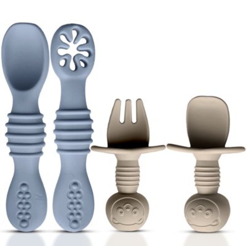 HippoBaby 4pc Baby Led Weaning Set, Baby Feeding Utensils, Toddler Cutlery Set, BPA Free Silicone, Dishwasher and Microwave Safe (Gray/Beige)