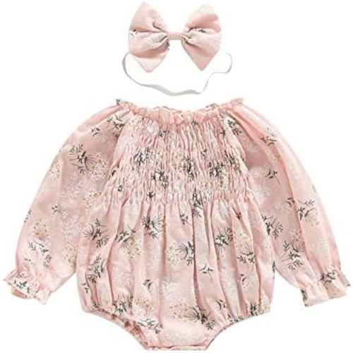 2pcs Baby Girl Smocked Bubble Romper Newborn Long Sleeve Off Shoulder Flowers Printed Ruffle Jumpsuit