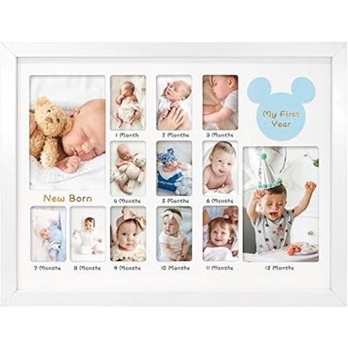 My First Year Photo Frame 12x16, Baby's First Twelve Months 4x6 and 2x3 Wallet Pictures Milestone Board Keepsake, as New Mom Baby Newborn Gift, White