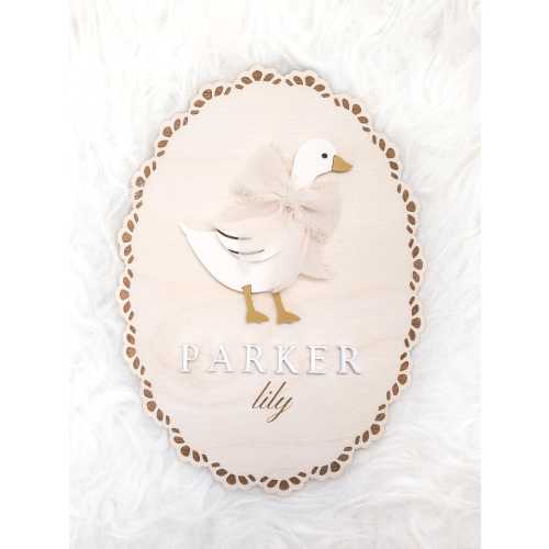 Goose bow baby name announcement sign | custom newborn name plate | personalized birth announcement for hospital | ribbon lace wood sign