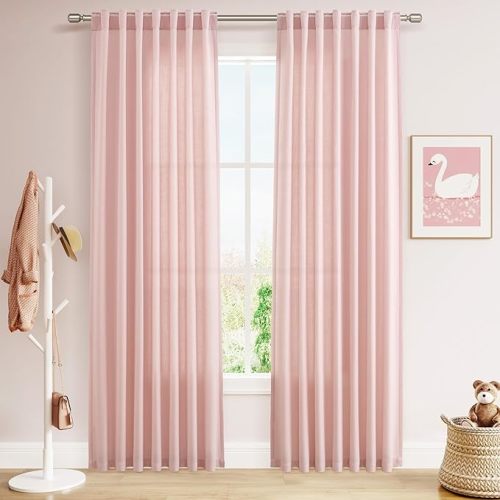 Nanspring Pink Linen Curtains 84 Inch Length 2 Panels Set for Baby Girl Bedroom Rod Pocket Back Tab Light Filtering Window Drapes for Kids Protect Privacy Home Decor 52x84