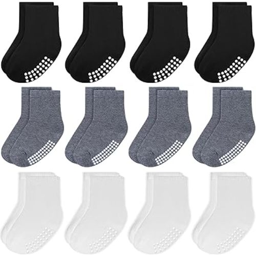 JAKIDAR 12 Pack Baby Toddler Socks Non Slip Grip Cotton Crew Socks for Boys Girls Infants Kids