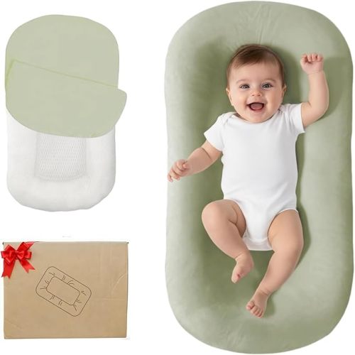 Lucakuins Baby Lounger, Bionic Design Baby Lounger for Newborn 0-24 Months, Soft Organic Cotton Breathable Lounger for Infants (Dark Green)
