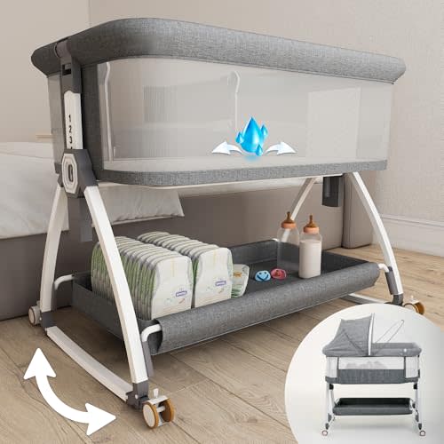 Earth&ME Baby Bassinet Bedside Sleeper with Rocking - All Mesh Portable Bedside Crib for Safe Co-Sleeping, Storage Basket and Wheels, Adjustable Height, Includes Travel Bag, Mosquito Net