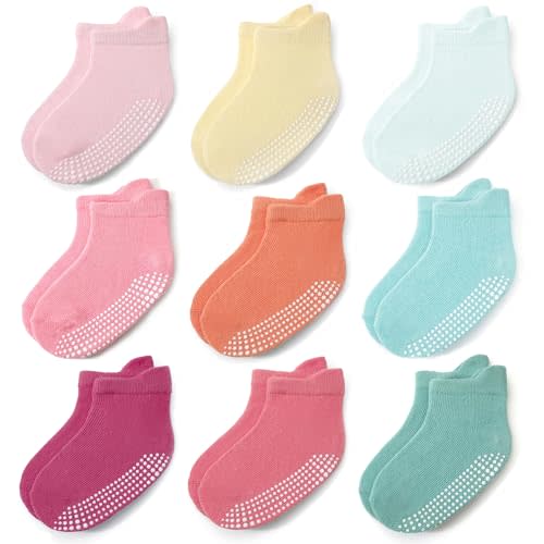 JAKIDAR Baby Toddler Socks Non Slip 9 Pairs Cotton Ankle Grip Socks for Boys Girls Baby Kids Infants Children
