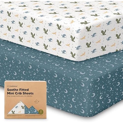 2-Pack Mini Crib Sheets Fitted - Pack N Play Sheets for Pack and Play Mattress, Organic Cotton, Soft & Breathable Jersey Playard Bedding, Neutral Mini Toddler Bed Cover for Boys, Girls (Dragon Tale)