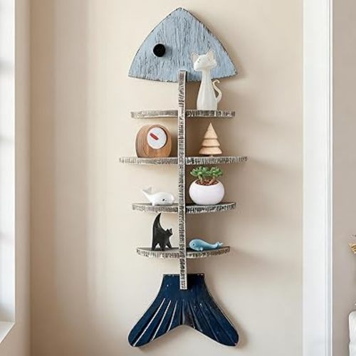 huulmood Wooden Fish Wall Shelf, Wood Fish Beach Decor Display Shelf, Nautical Coastal Style Wall - Mounted Organizer in Bedroom，Living Room，Lake House, Bathroom