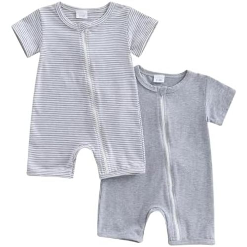 Merqwadd Baby Boy Girl 2 Pack Romper Short Sleeve Zipper Jumpsuit Plain Summer Clothes
