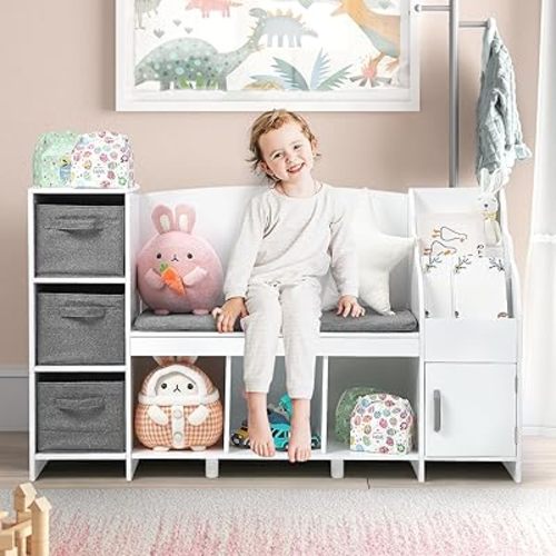 Kids Bookshelf with Reading Nook, Detachable Cushion | Storage Organizer and Book Rack for Boys and Girls' Bedroom or Playroom