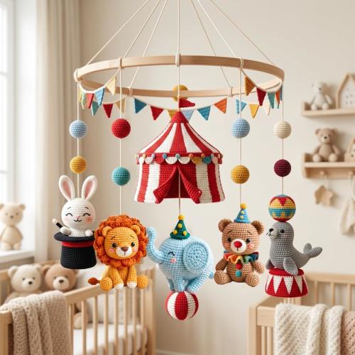 Circus Crochet Baby Mobile, Nursery Crib Mobile, Lion Elephant Bunny Mobile, Carnival Nursery Decor, Handmade Baby Shower Gift