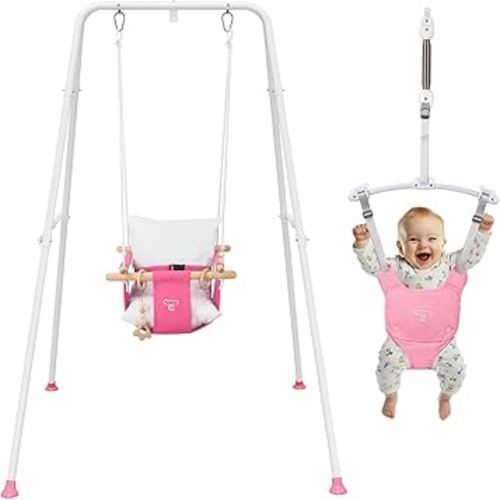 2-in-1 Baby Jumper & Swing - Foldable Stand, Stable Toddler Swing Set for Indoor & Outdoor Use (Pink)
