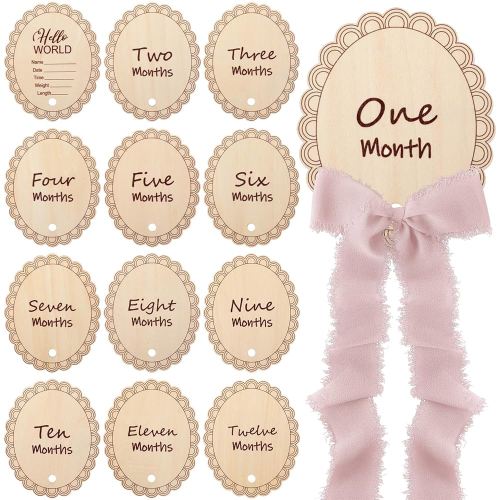 14 Pcs Wooden Monthly Baby Milestone with Ribbon Monthly Milestone Wood Discs Photo Props for Newborn Baby Girl Boy Baby Shower Gifts(Pink)