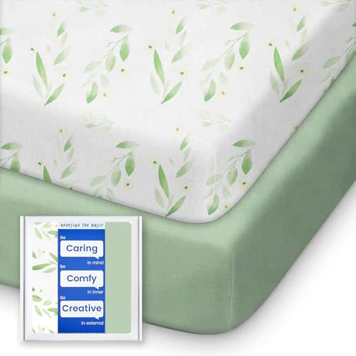Pack N Play Sheets Fitted for Girls Boys, TotBasic Boho Mini Crib Sheets for Pack and Play/Mini Crib Mattress, Premium Soft Stretchy Jersey for Breathable Comfort - 2 Pack (Sage Green&Botanical Leaf)