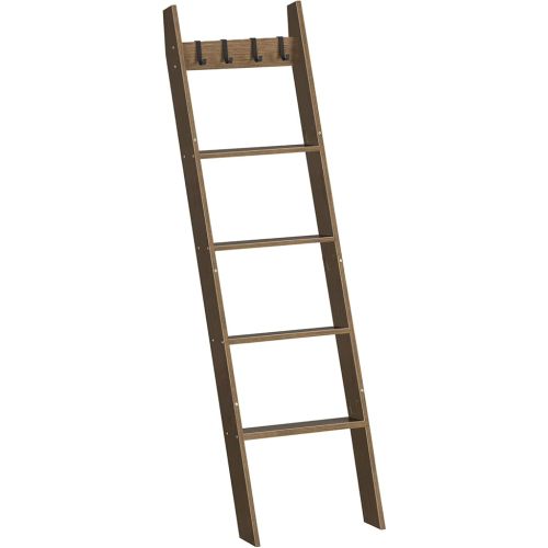 HOOBRO Blanket Ladder for Living Room and Bedroom, 5-Tier Wall Leaning Towel Rack for Bathroom, Decorative Ladder Shelf with 4 Removable Hooks, Farmhouse Blanket Storage, Mocha MA51CJ01G1