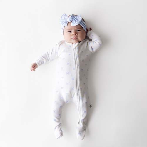 Pointelle Zippered Footie in Sweet Blue Bow