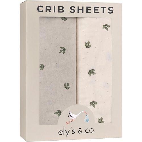 Ely’s & Co. Crib Sheets Baby Girl/Boy Fitted Crib Mattress Sheet Set, 2 Pack, 100% Jersey Knit Cotton, Infant and Toddler Nursery Bedding, Neutral Taupe and Cream with Sage Vintage Print, 28” x 52”