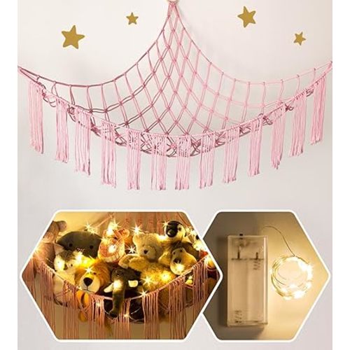 Stuffed Animal Hammock Corner Storage with LED Light - Pink Cute Room Bedroom Decor for Teen Girls - Cute Bedroom Aesthetic Stuff for Baby Nursery Toddler Kids 8-10 - 12 Years Old