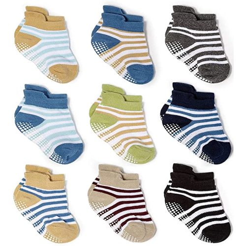 Zaples Baby Non Slip Grip Ankle Socks with Non Skid Soles for Infants Toddlers Kids Boys Girls - Boy Stripes - 9 Pairs - 0-6 Months