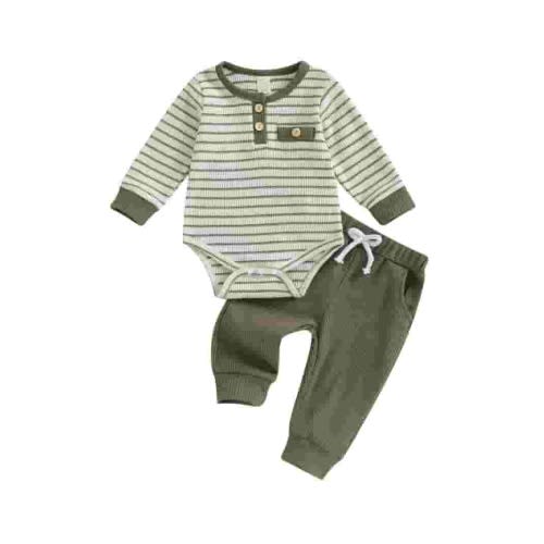 Hirigin Newborn Baby Boy Waffle Fall Winter Outfit 0 3 6 12 18 Months Button Long Sleeve Striped Romper Bodysuit Pants Set