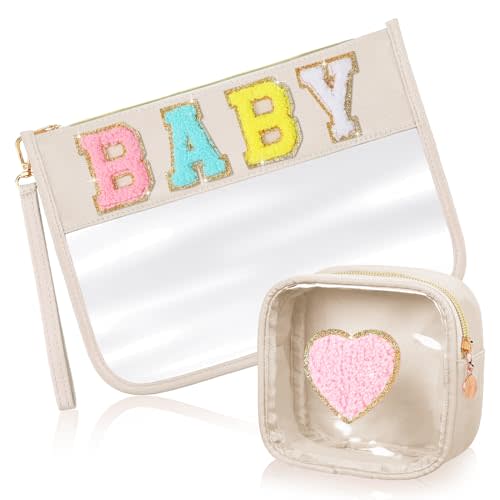 Hillban 2 Pcs Baby Bag Set Chenille Letter Bags Preppy Patch Makeup Bag Baby Travel Bags Waterproof Portable Toiletry Storage Bag for Women Mom (Baby Theme)