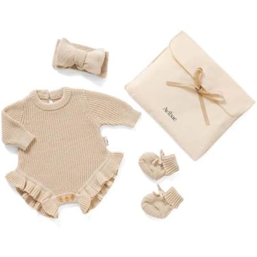 Avibae Cotton Newborns Set with Knit Sweater, Hair Band, Booties for Baby Girls, Warm Cute Infant 3 Piece Set