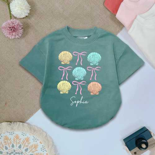 Personalized Coquette Seashell Baby Bubble Romper, Summer Coquette Bow Romper Sweater, Retro Summer, Little Girl Baby, Ocean Baby Shower