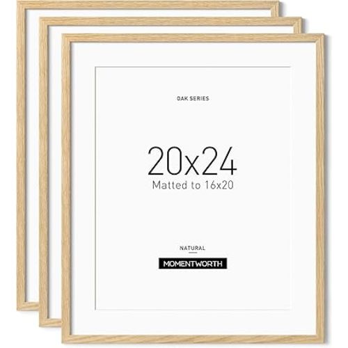Minimalist 20x24 Picture Frame Matted to 16x20 Set of 3, Solid Oak Wood Frame for Horizontal & Vertical Wall Mounting(3 Pack,Oak)