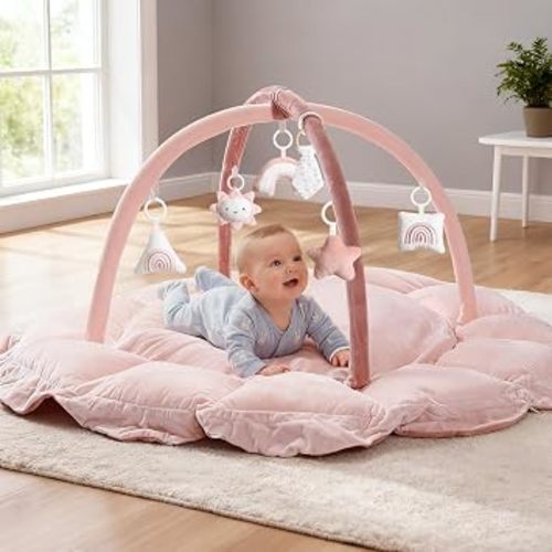Mallify 5-in-1 Thick Plush Baby Play Gym Mat, Tummy Time Mat with 6 Sensory Toys, Baby Play Mat, Convertible Baby Gym for Stage-Based Development from Babies to Toddlers, Baby Essentials Gift, Pink