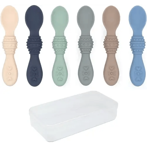 Elk and Friends Silicone Baby Spoons | Travel Case Included | First Stage Infant Toddler Spoon | Baby Led Weaning Stage | Dishwasher Safe
