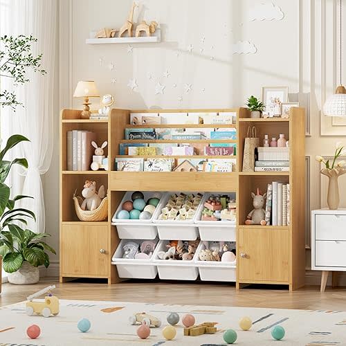 FINETONES Toy Storage Organizer with 6 Toy Bins, Toy Organizer Kids Bookshelf with 6 Cubbies, Toy Organizers and Storage Bins Playroom Storage for Kids Room, Natural