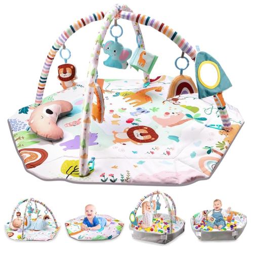 REMOKING Baby Play Gym Mat,Tummy Time Mat with 6 Detachable Toys for Sensory Development,Activity Centre & Ball Pit, Toddler Infant 0-3-6-9-12 Month,Newborn Essentials for Kids