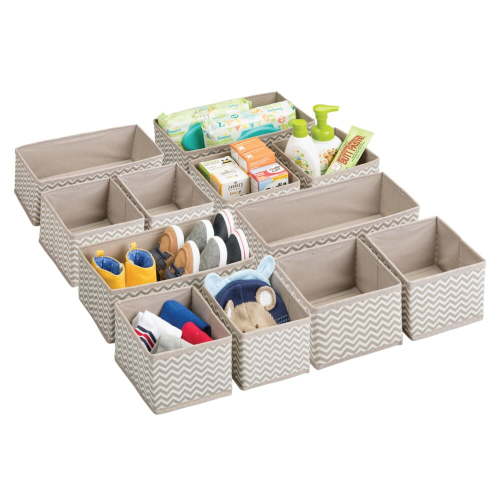mDesign Fabric Baby Nursery Organizers, Set of 3, 4 Pack, Taupe/Natural Chevron