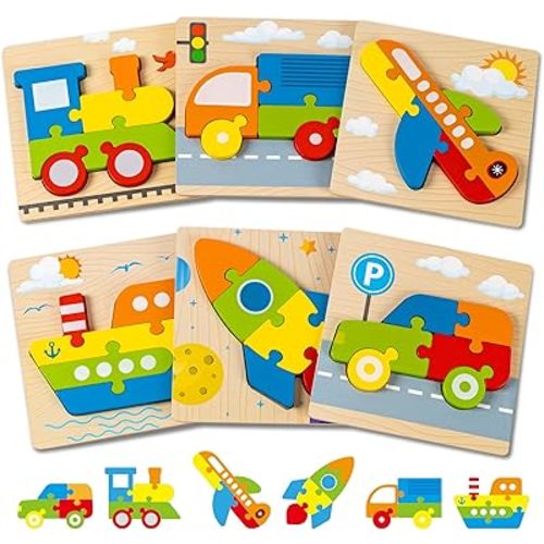 Wooden Vehicle Puzzles Toy Gift for 1, 2, 3 Years Old Boys Girls, Toddler Best Birthday Gift with 6 Vehicle Baby Montessori Color Shapes Learning Puzzles - Kids Educational Developmental Toys