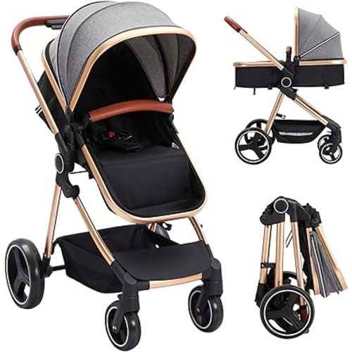 GAOMON 2-in-1 Convertible Baby Stroller with Bassinet Mode - Foldable Infant Pushchair, Toddler High Landscape Stroller, Aluminum Structure, 5-Point Harness, Gray