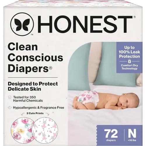 The Honest Company Clean Conscious Diapers for Delicate Skin, Up to 100% Leakproof Hypoallergenic Fragrance-Free Baby Diapers, Girl Prints, Club Box, Size Newborn, 72 Count (Prints May Vary)