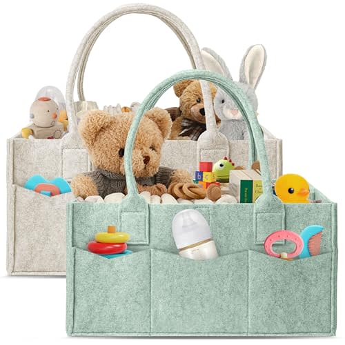 HIPHOP PANDA 2-Pack Diaper Caddy Organizer - Nursery Storage Bin & Car Organizer for Diapers, Wipes, and Baby Essentials - Dual-Color Solid Set (Green/Oatmeal), Large Size