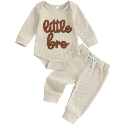 Tsnbre Baby Boy Clothes Little Brother Embroidery Ribbed Long Sleeve Romper Pants Set Newborn Fall Winter Outfits